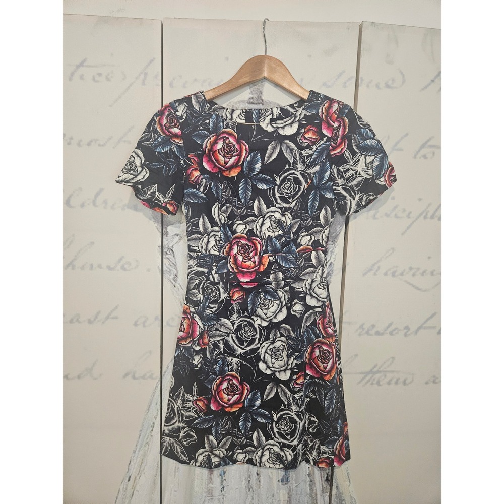 French Connection Womens‎ Floral Rose Print Mini Dress Black Pink Size 0 71ENJ
